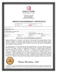 Halcyon Remodeling Renovation Warranty Certificate